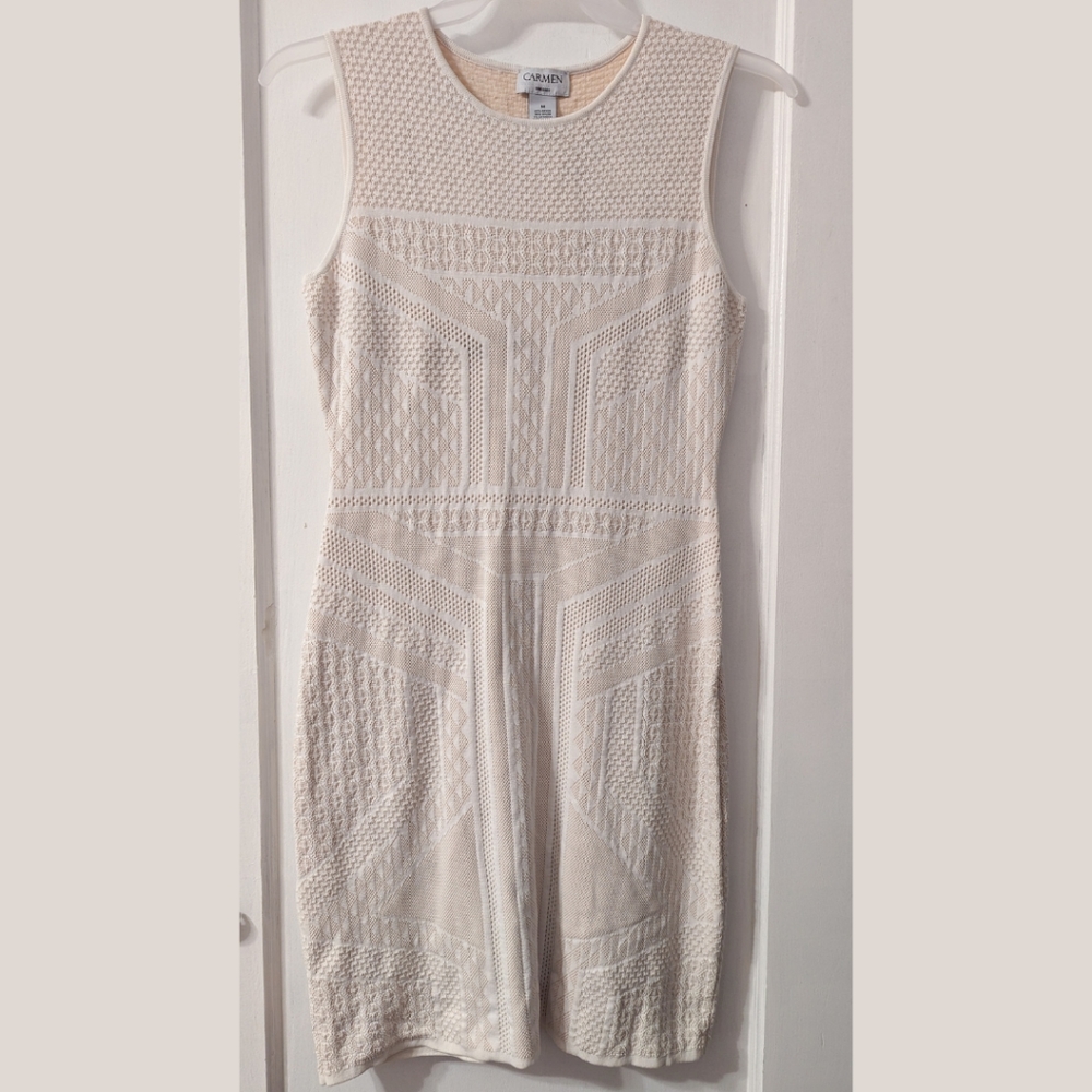 Carmen Marc Valvo Nude Cream Tan Bodycon Textured Bandage Dress, Size Medium